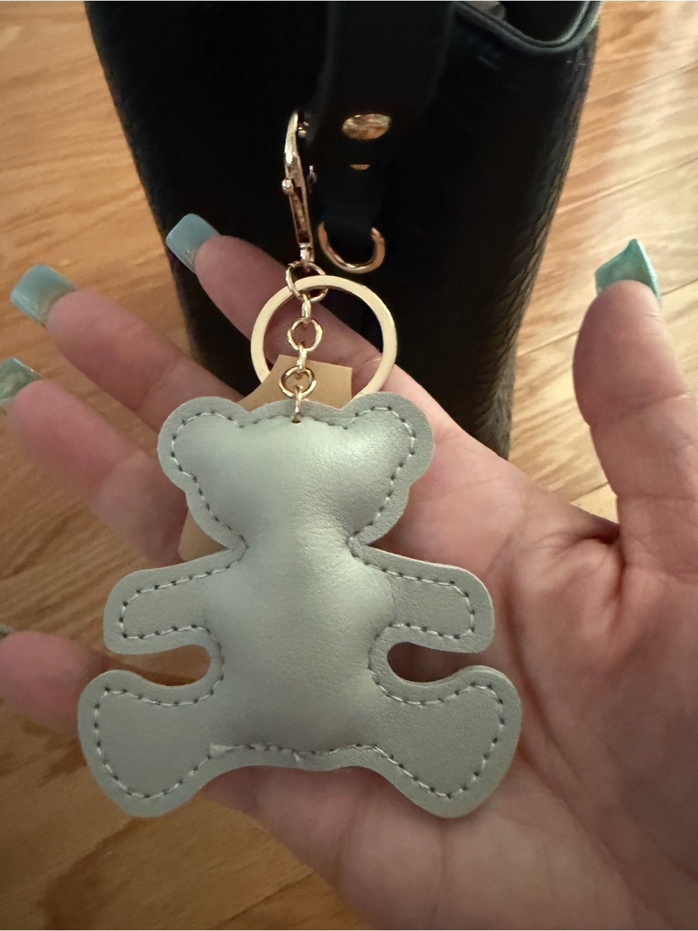 Teddy Bear Faux Leather Keychain in light gray